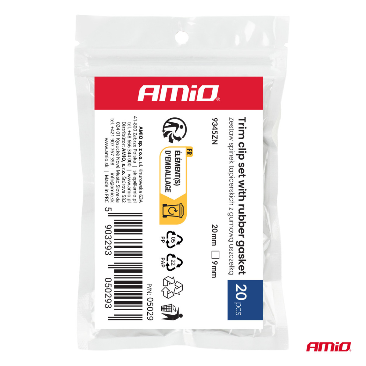 Verhoiluklipsisarja kumitiivisteellä 20 mm, Ø 9 mm, 20 kpl, AMIO-05029