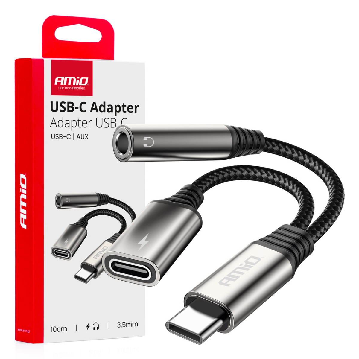 USB-C - USB-C + 3,5 mm:n minijakki (naaras) -sovitin 10 cm AMIO-04295