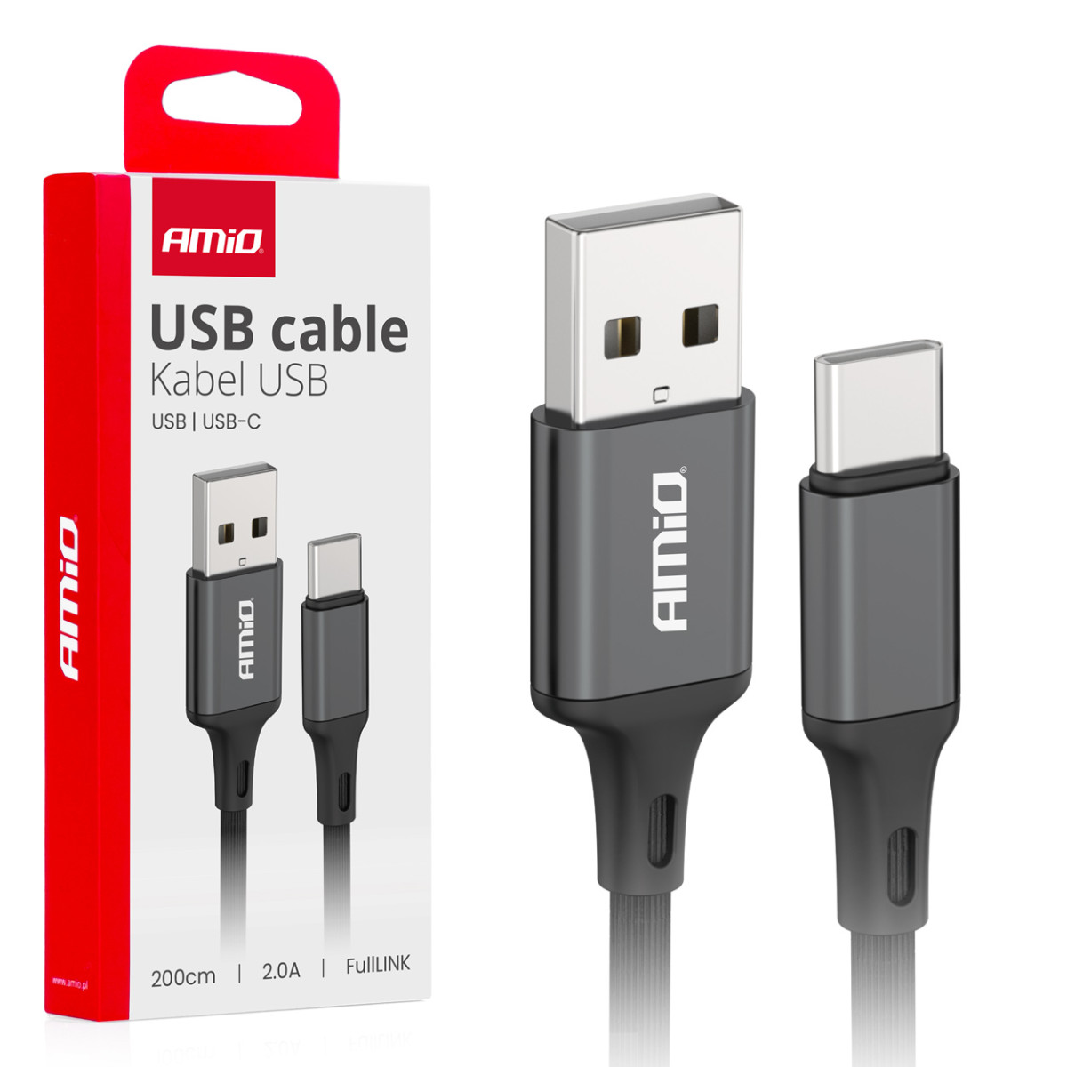 USB - USB-C -kaapeli 2A 200 cm FullLINK AMIO-03900