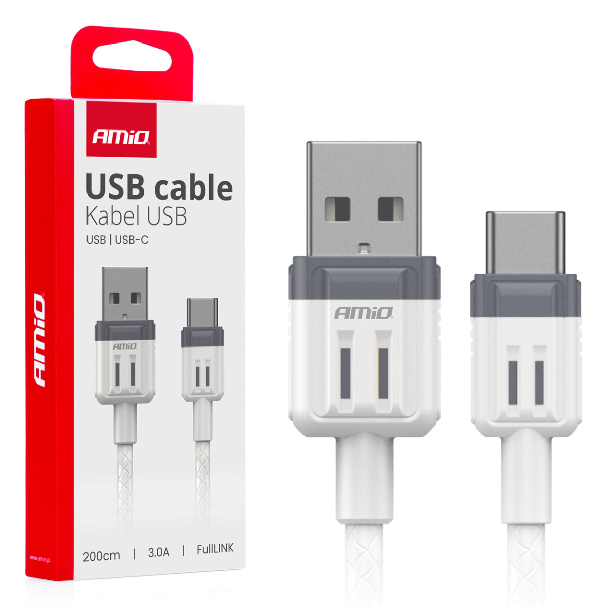USB-A - USB-C -latauskaapeli 3A 200 cm FullLINK AMIO-03906