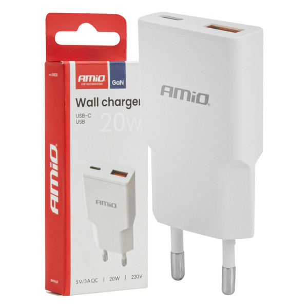 Verkkovirtalaturi 230V 20W GaN USB-C USB-A AMIO-04838