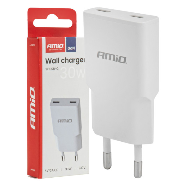 Verkkovirtalaturi 230V 30W GaN 2x USB-C AMIO-04839