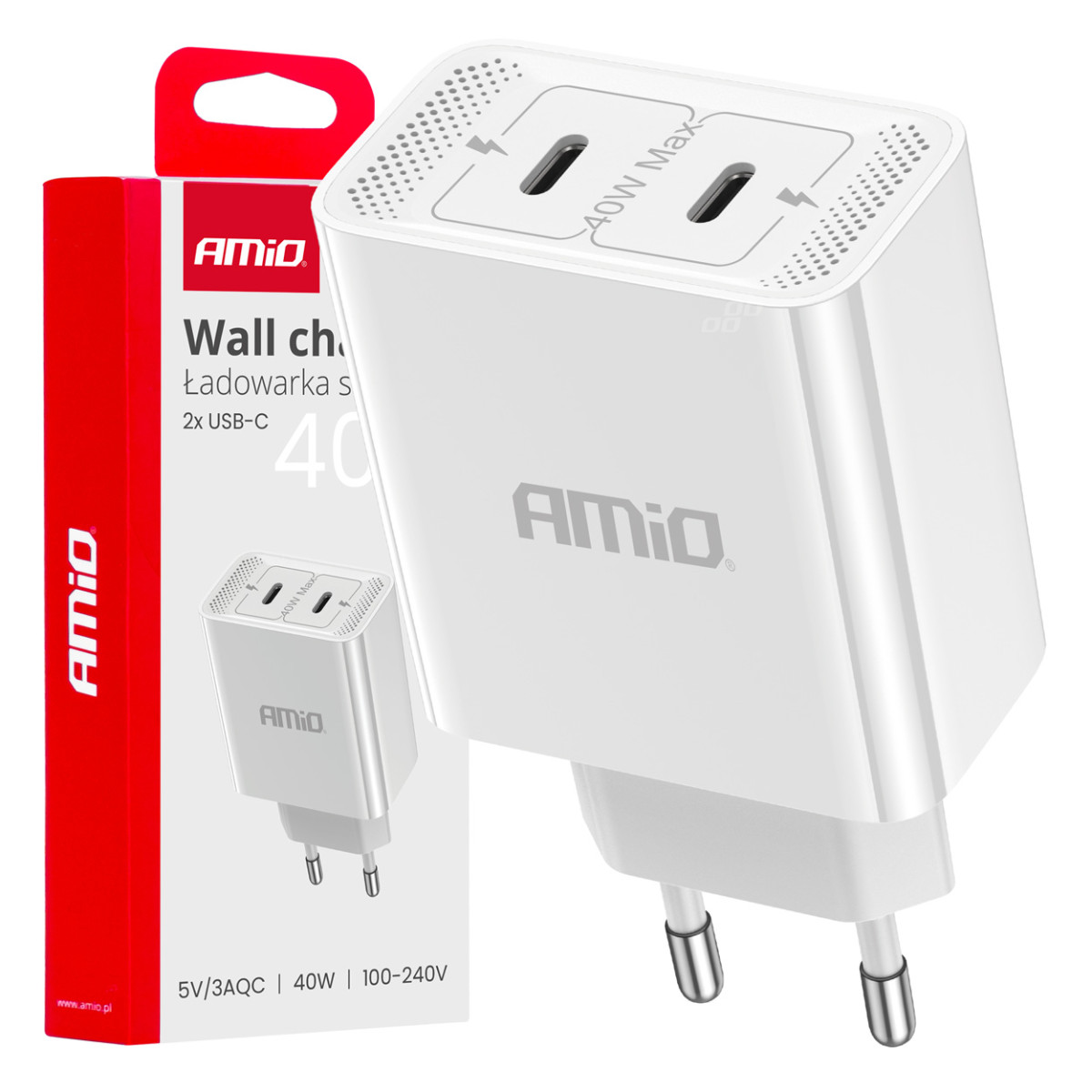 Seinälaturi 2xUSB-C 40W 230V AMIO-03892