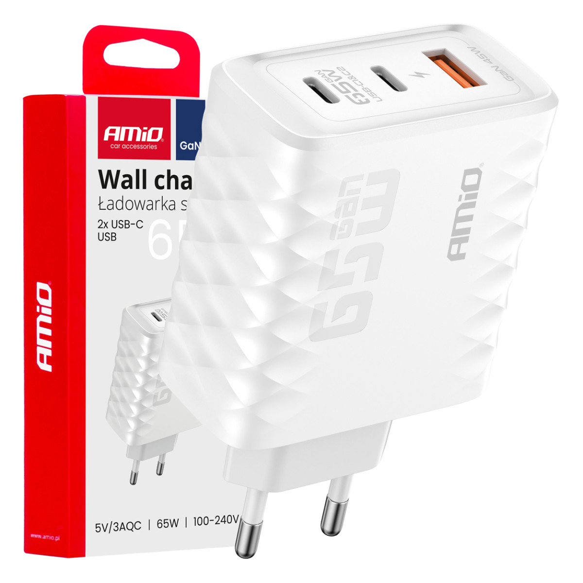 Seinälaturi 65 W:n pikalataus USB-A + 2 x USB-C AMIO-04289