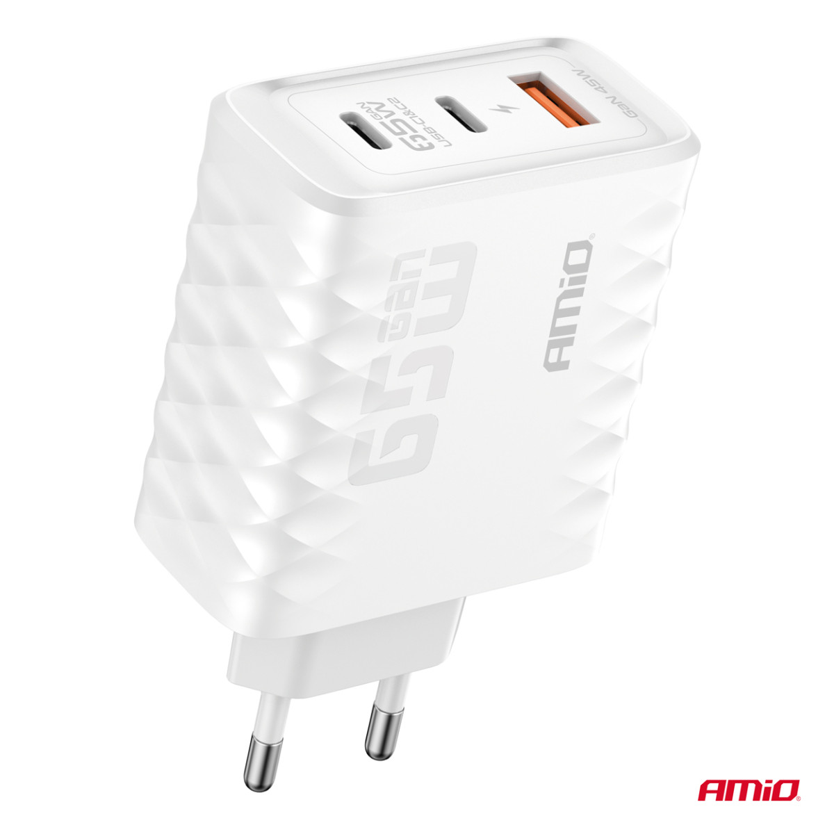 Seinälaturi 65 W:n pikalataus USB-A + 2 x USB-C AMIO-04289