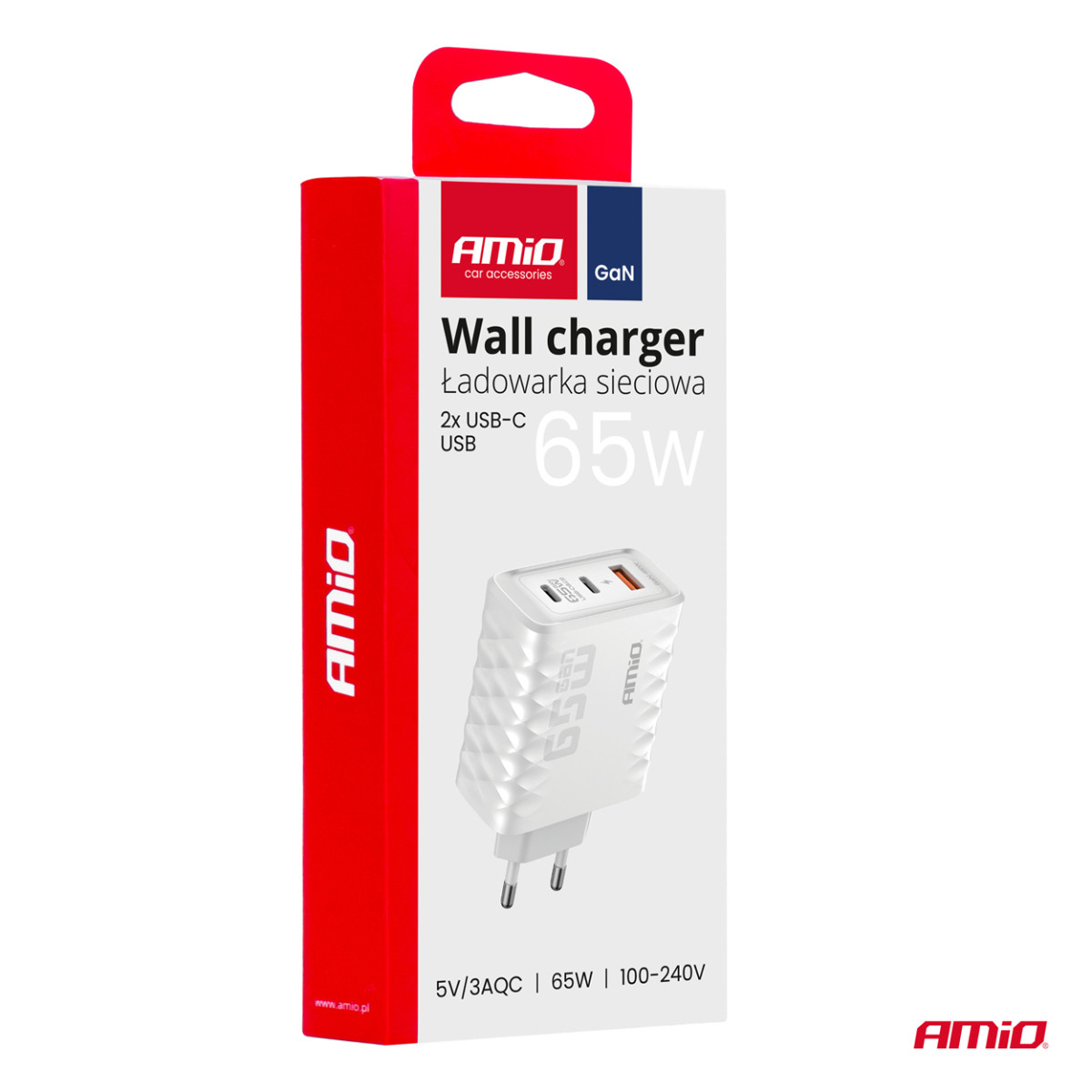 Seinälaturi 65 W:n pikalataus USB-A + 2 x USB-C AMIO-04289