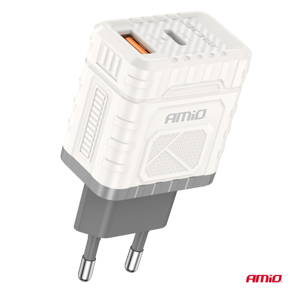 Seinälaturi Pikalataus GaN 30W USB-A + USB-C AMIO-04286