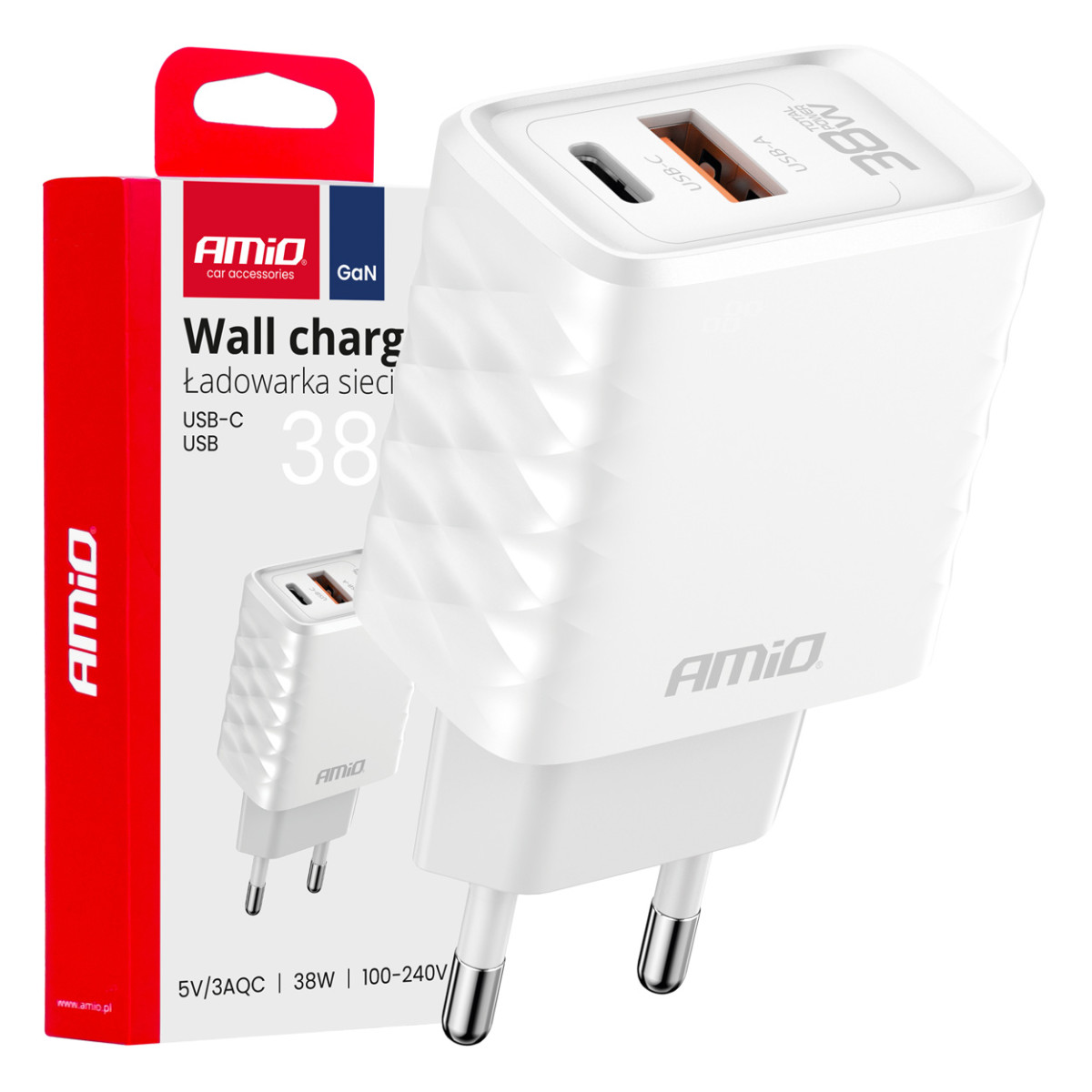 Seinälaturi Pikalataus GaN 38W USB-A + USB-C AMIO-04287