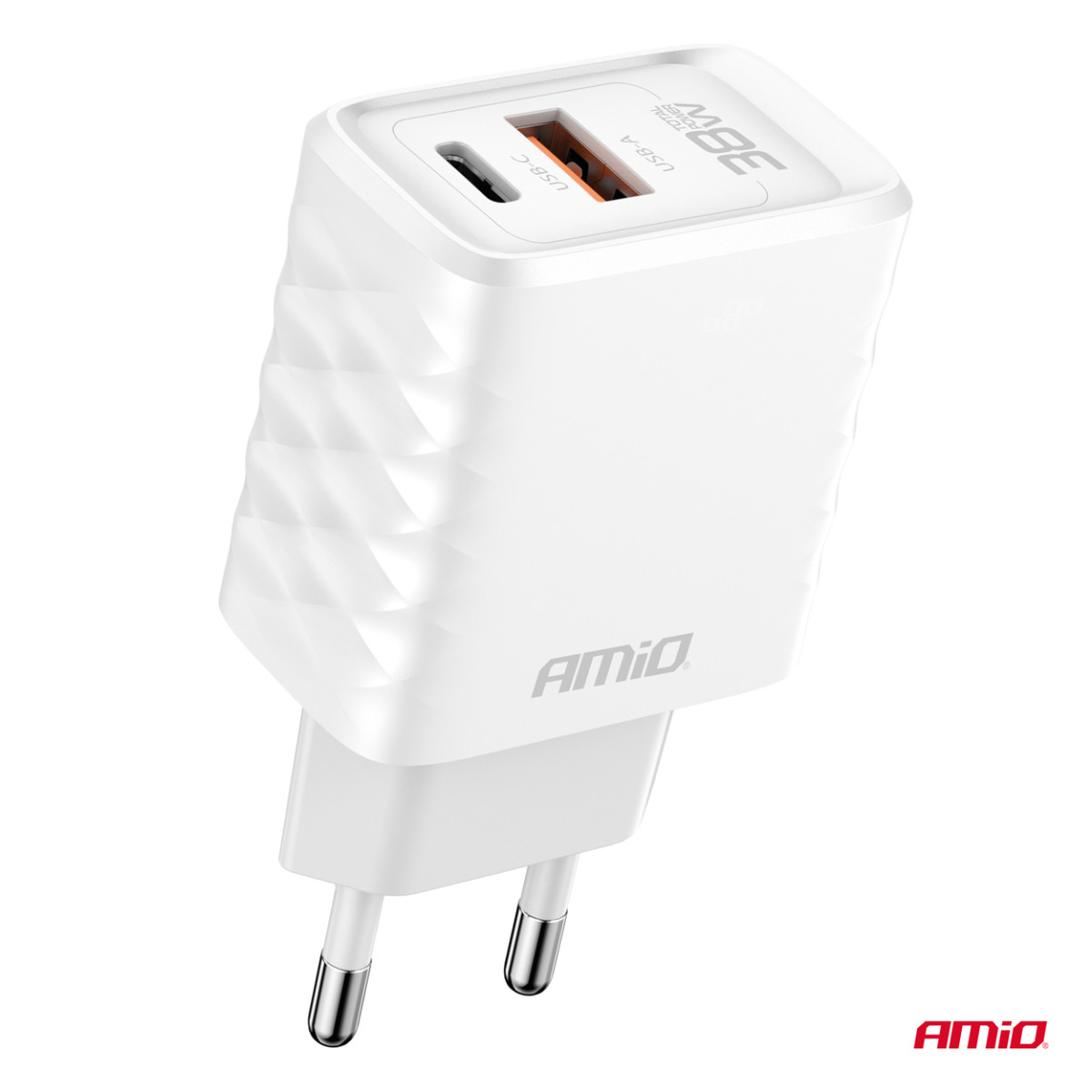 Seinälaturi Pikalataus GaN 38W USB-A + USB-C AMIO-04287