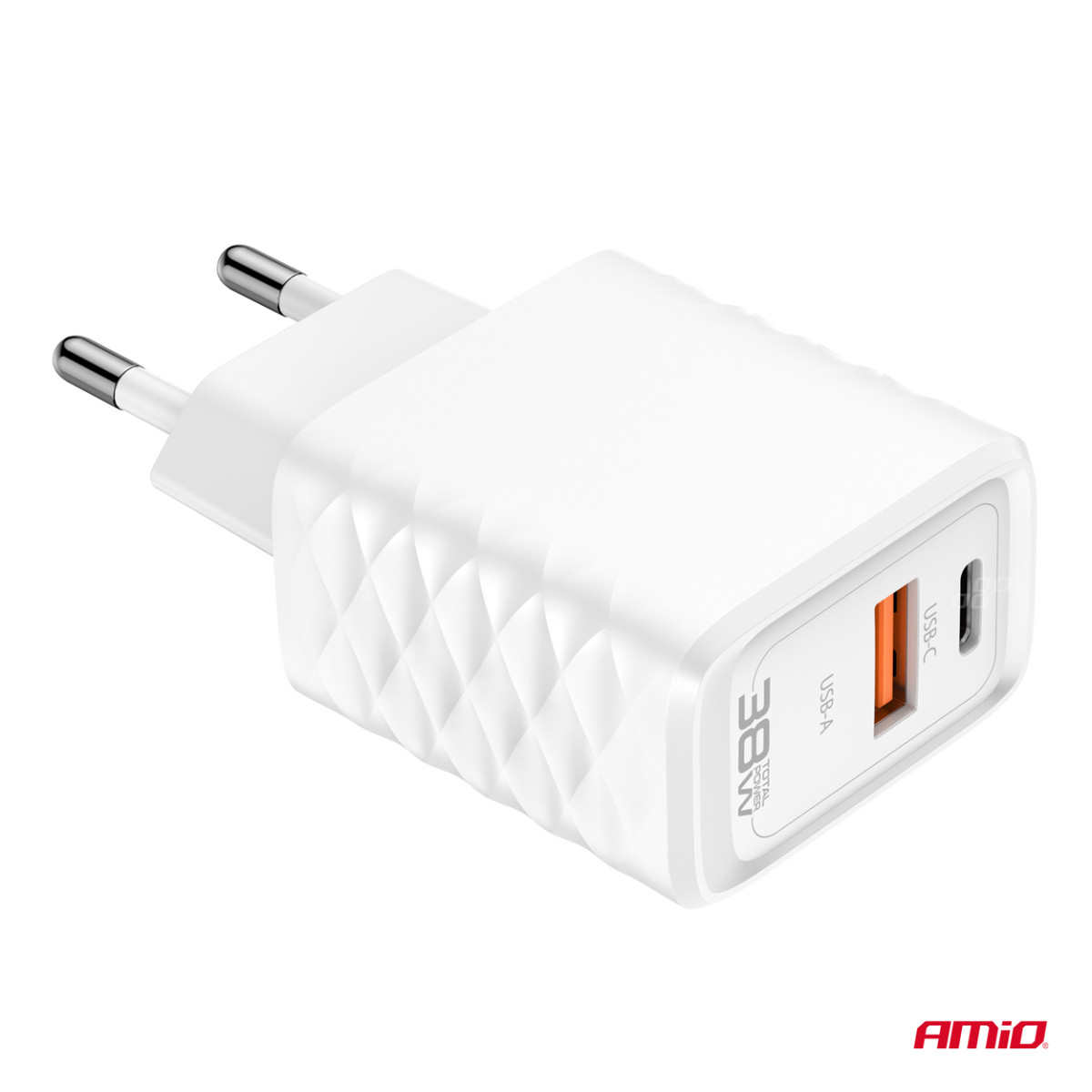 Seinälaturi Pikalataus GaN 38W USB-A + USB-C AMIO-04287