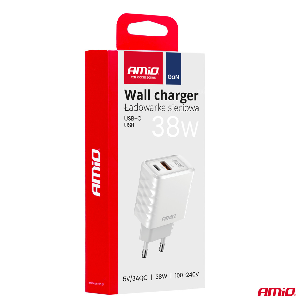 Seinälaturi Pikalataus GaN 38W USB-A + USB-C AMIO-04287