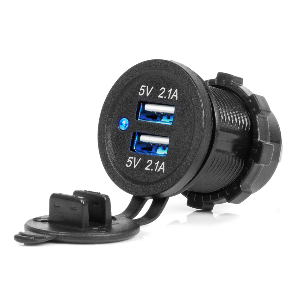 Vedenpitävä puhelimen laturi sinisellä LED-merkkivalolla 4.2A, 2xUSB 12/24V AMIO-04217