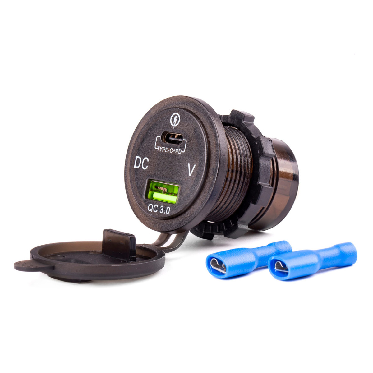 Vedenpitävä puhelimen laturi digitaalisella volttimittarilla USB + USB C 12/24V MOD-07