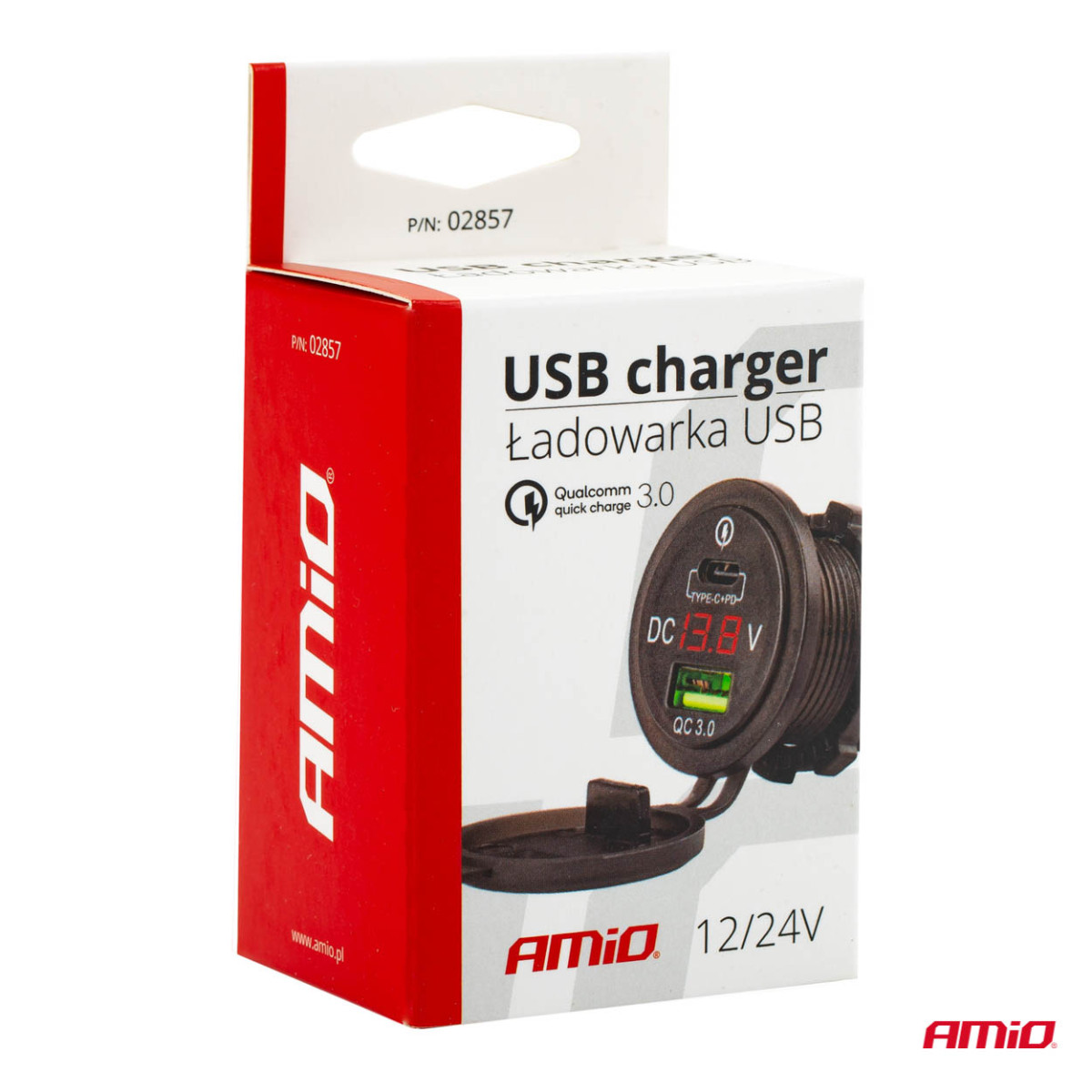 Vedenpitävä puhelimen laturi digitaalisella volttimittarilla USB + USB C 12/24V MOD-07