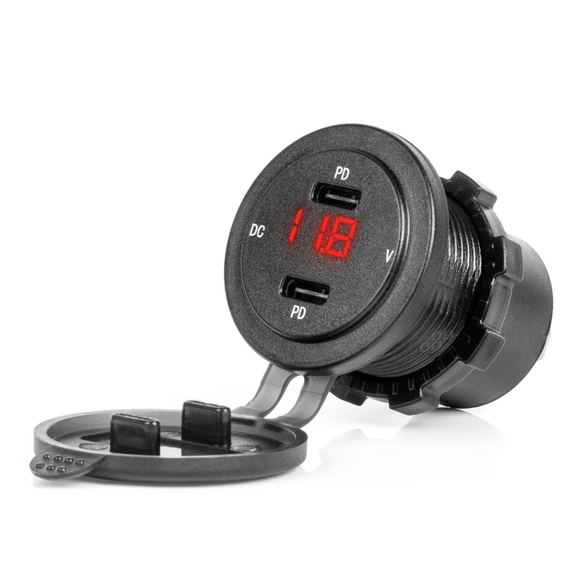 Vedenpitävä puhelimen laturi digitaalisella volttimittarilla ja punaisella LED-merkkivalolla, 2xUSB-C 12/24V AMIO-04225