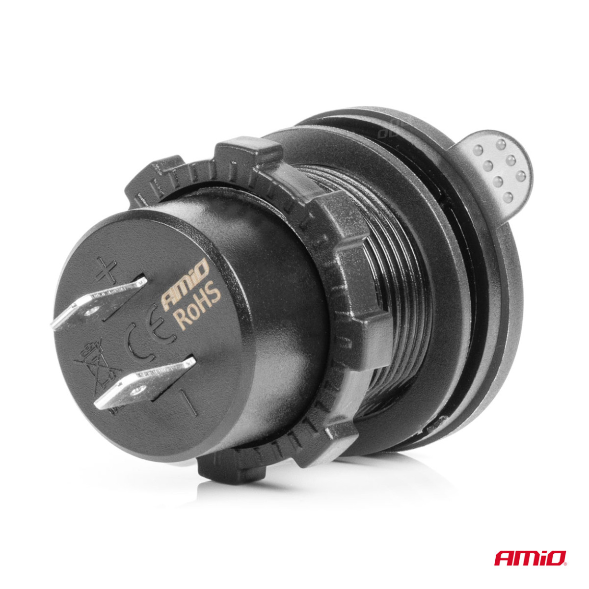 Vedenpitävä puhelimen laturi digitaalisella volttimittarilla ja punaisella LED-merkkivalolla, 2xUSB-C 12/24V AMIO-04225