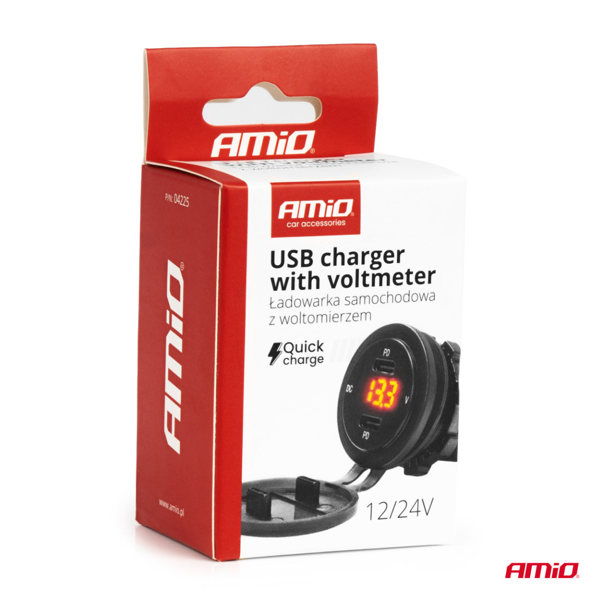 Vedenpitävä puhelimen laturi digitaalisella volttimittarilla ja punaisella LED-merkkivalolla, 2xUSB-C 12/24V AMIO-04225