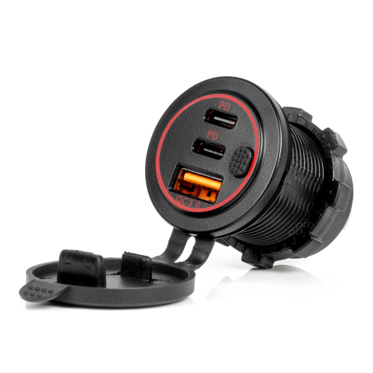 Vedenpitävä puhelimen laturi punaisella LED-valaistuksella, USB + 2xUSB C QC3.0 12/24V AMIO-04227