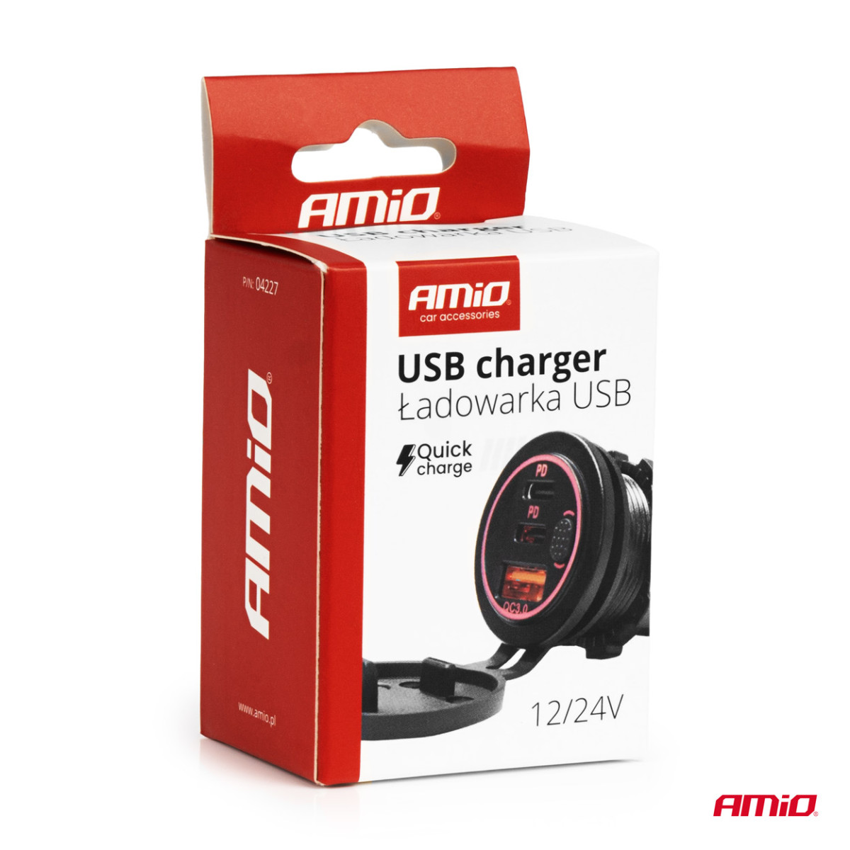Vedenpitävä puhelimen laturi punaisella LED-valaistuksella, USB + 2xUSB C QC3.0 12/24V AMIO-04227