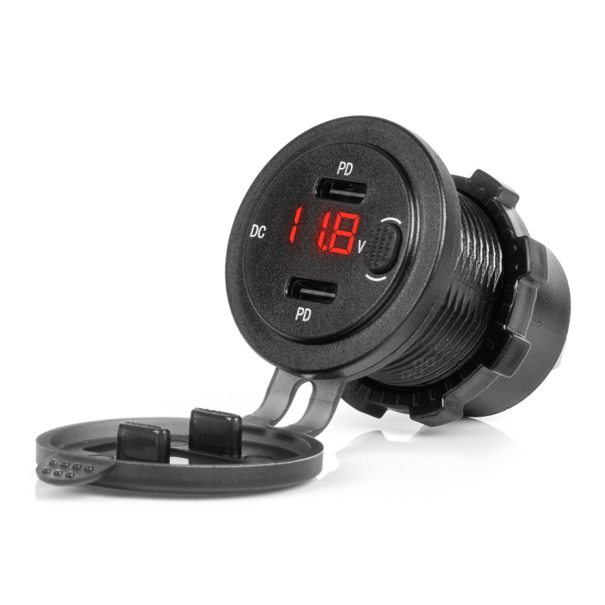 Vedenpitävä puhelimen laturi kytkimellä ja digitaalisella volttimittarilla, 2x USB-C 12/24V AMIO-04226