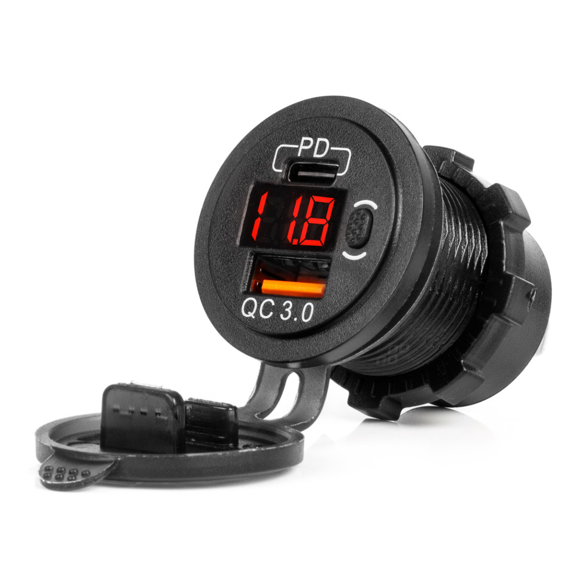 Vedenpitävä puhelimen laturi digitaalisella volttimittarilla ja punaisella LED-merkkivalolla, USB + USB-C QC3.0 12/24V AMIO-04222