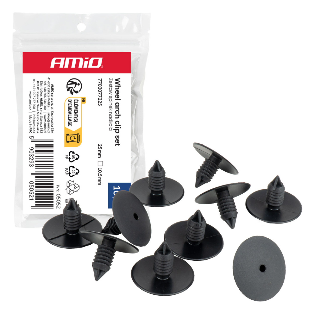 Pyöränkotelon klipsisarja 25 mm, Ø 10,5 mm, 10 kpl, AMIO-05052
