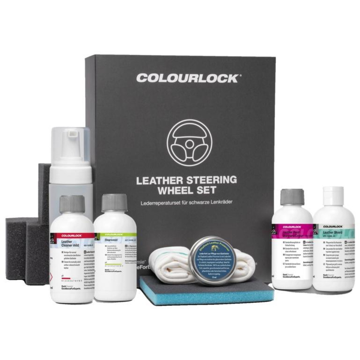 KOCH CHEMIE COLOURLOCK Leather Steering Wheel Set, mustan nahkaohjauspyörän uusintasarja